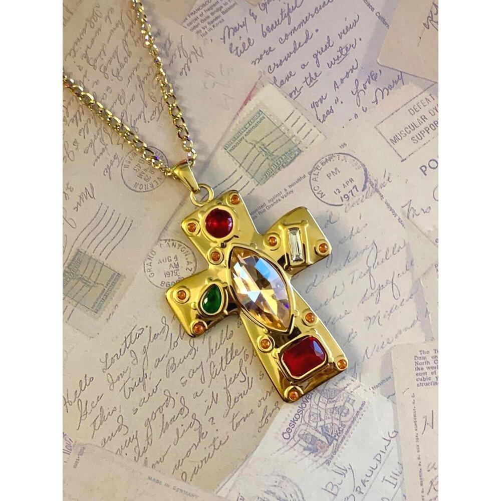 Gold Cross Pendant Necklace Champagne Marquise Crystal Jewel Tone Necklace
